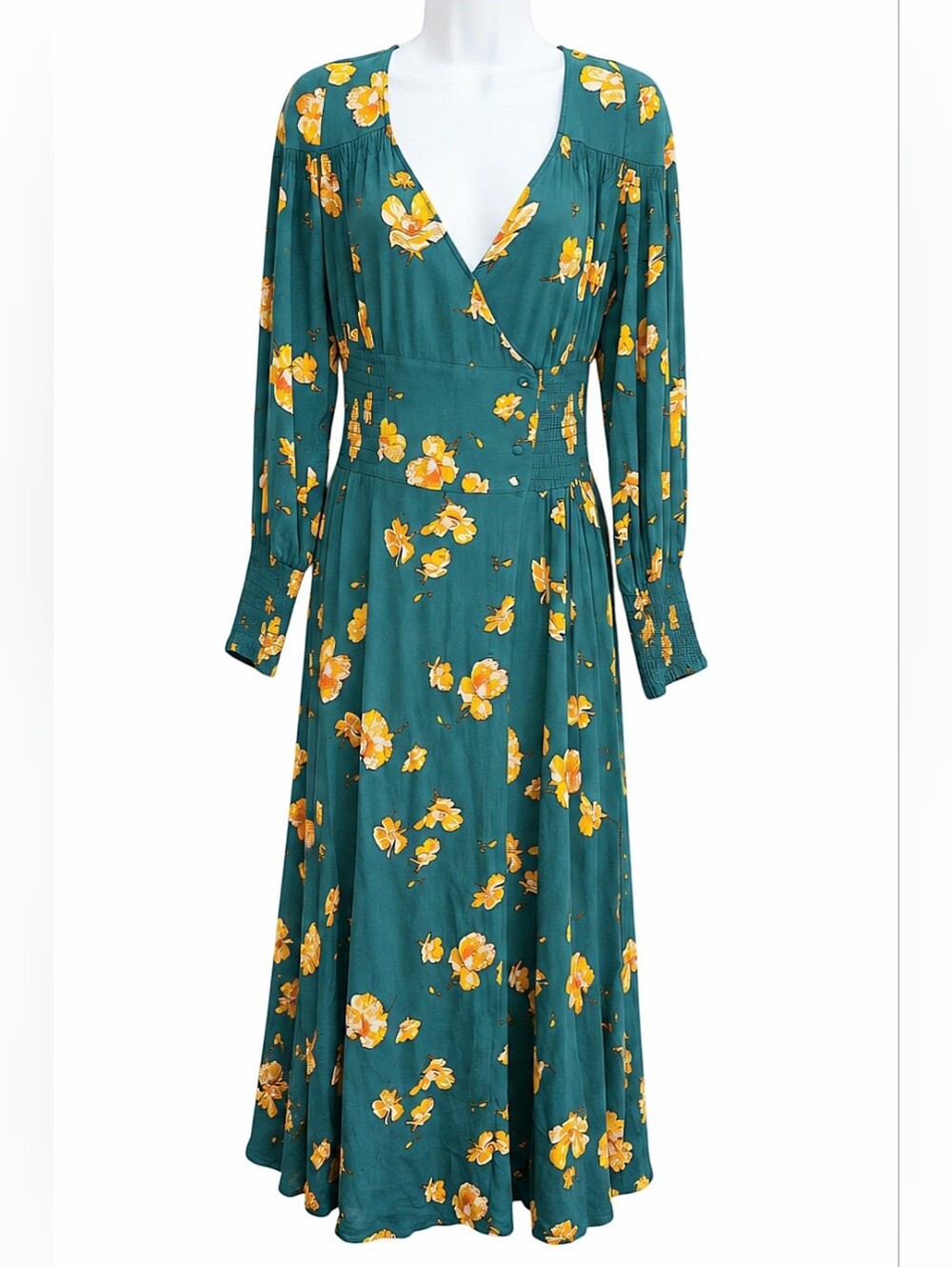 0144 Free People Teal Yellow Floral Long Sleeve Boho Maxi Dress Small Flowy